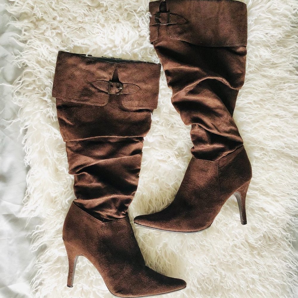 PIERRE DUMAS Women's Size 9 Brown Faux Suede Slouch High Heels Mid-Calf Boots